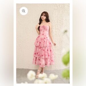 Pink Floral Tiered Midi Dress